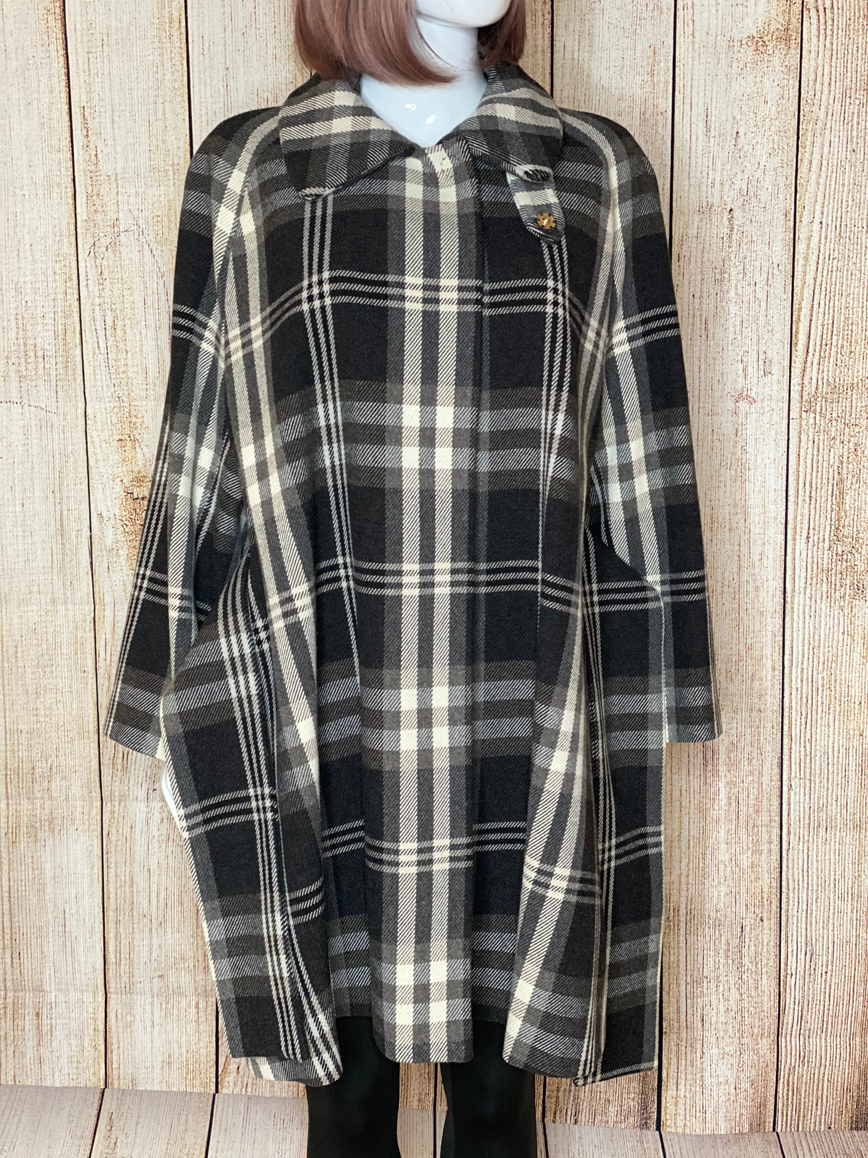 Virgin Wool Blend Check Belted Cape Coat