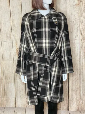 Virgin Wool Blend Check Belted Cape Coat