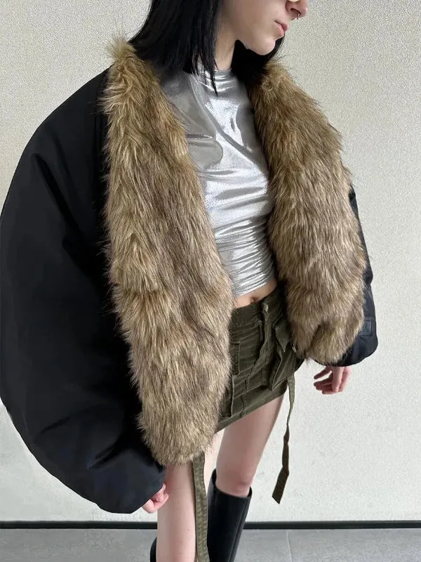 Wenkouban-Winter outfits Christmas Black Shawl Collar Thick Reversible Faux Fur Jacket