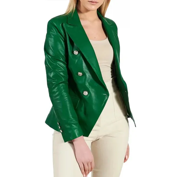 Women's Green Double Breasted Leather Coat