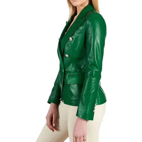 Women's Green Double Breasted Leather Coat