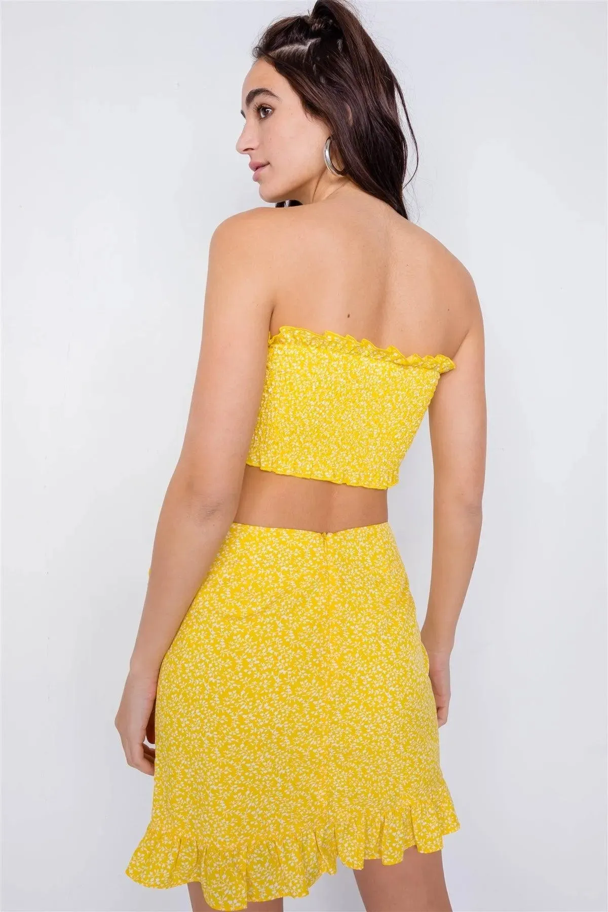 Yellow Boho White Floral Print Bandeau Mini Wrap Skirt Set /3-2-1