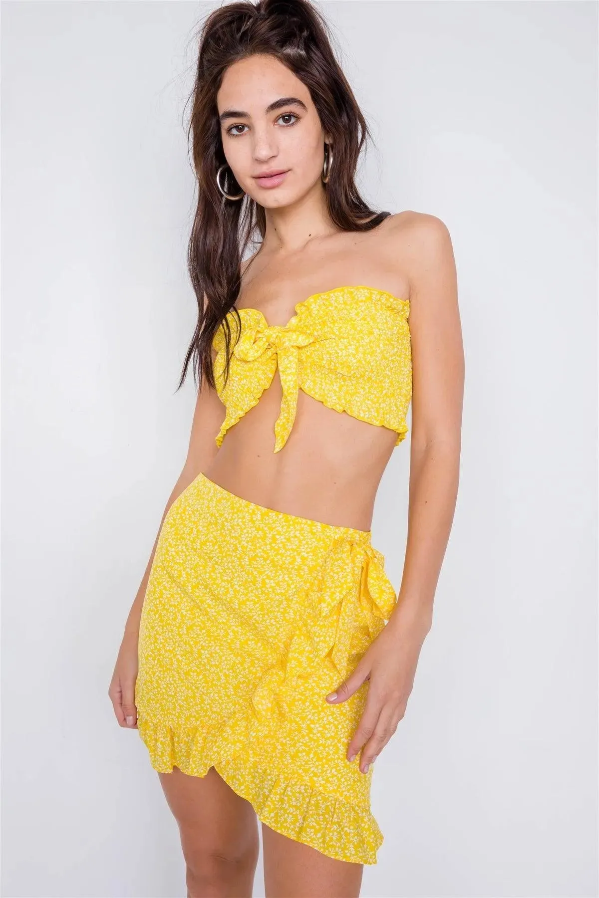Yellow Boho White Floral Print Bandeau Mini Wrap Skirt Set /3-2-1