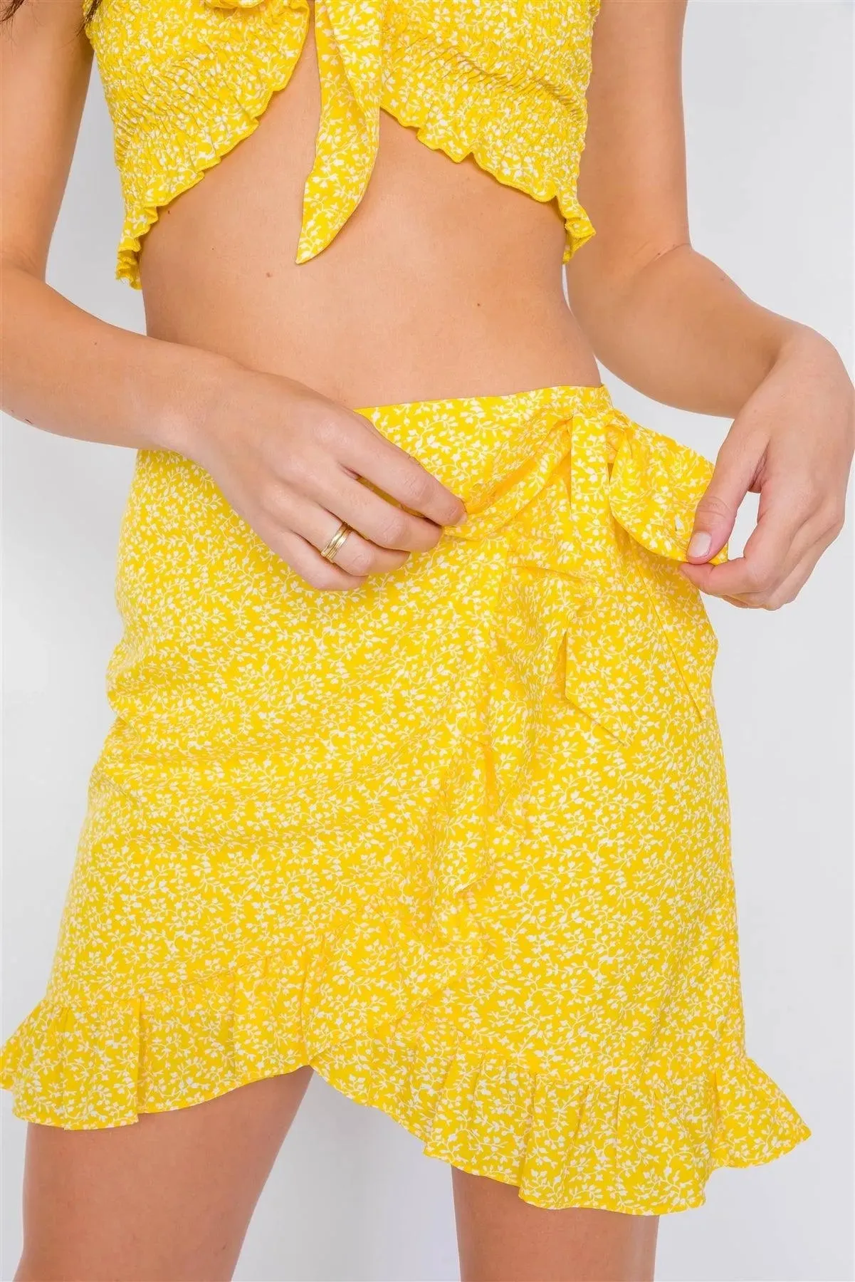 Yellow Boho White Floral Print Bandeau Mini Wrap Skirt Set /3-2-1