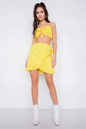 Yellow Boho White Floral Print Bandeau Mini Wrap Skirt Set /3-2-1