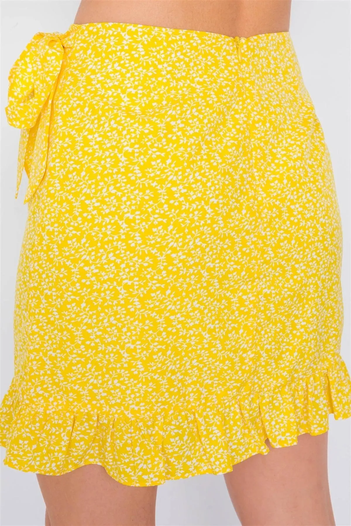 Yellow Boho White Floral Print Bandeau Mini Wrap Skirt Set /3-2-1